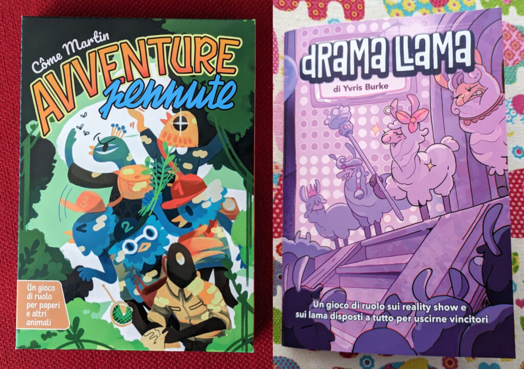 La confezione di Avventure Pennute e il manuale di Drama Llama