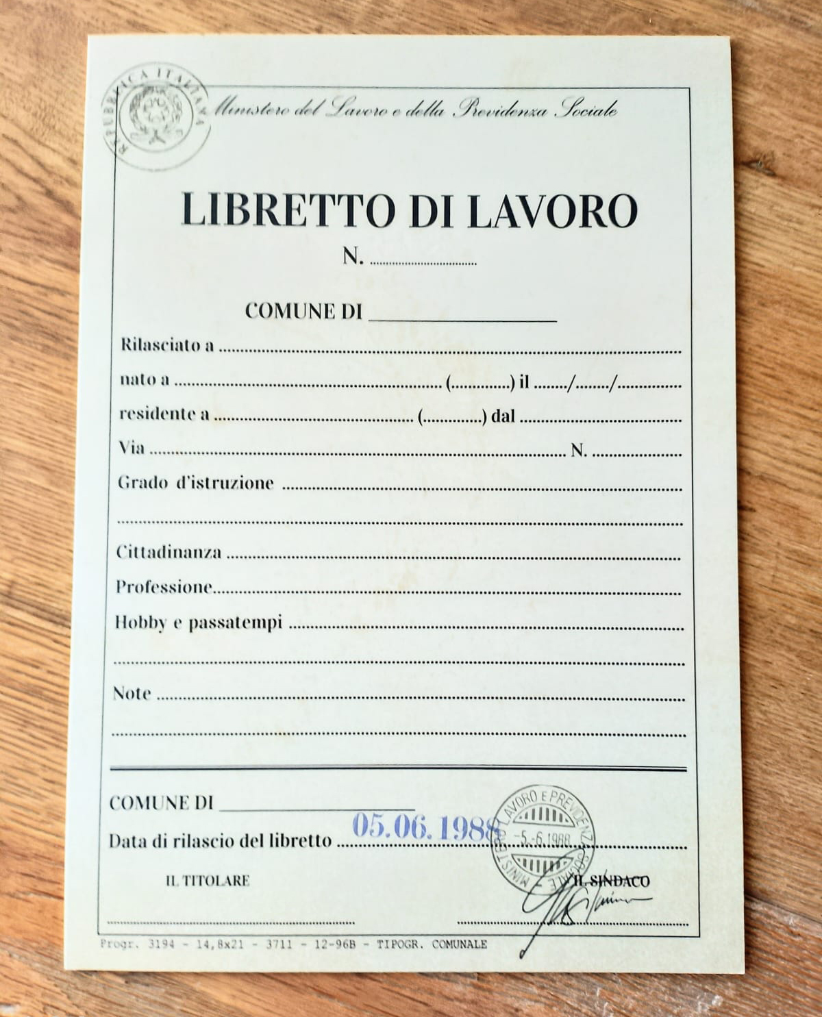 Libretto di lavoro di Carriere